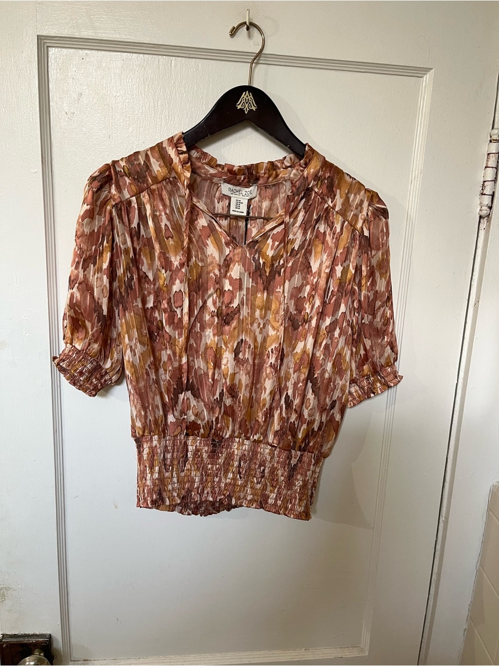 NEW Rachel Zoe Sheer Metallic Abstract Peasant Blouse Size Medium